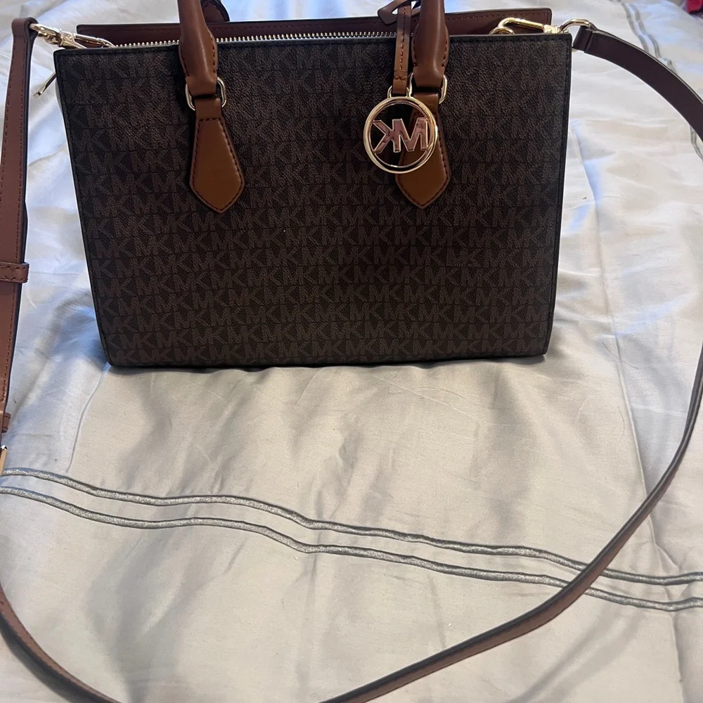 NEW Michael Kors Brown Logo Satchel with Tan Accents - Picture 6 of 9